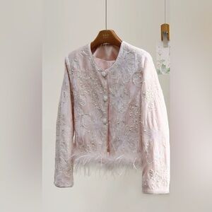 Elegant Pink Embroidered Feather-Trim Jacket